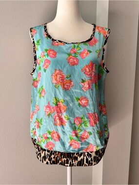 Vintage Whispers 90s blue floral leopard print satin tank top size medium